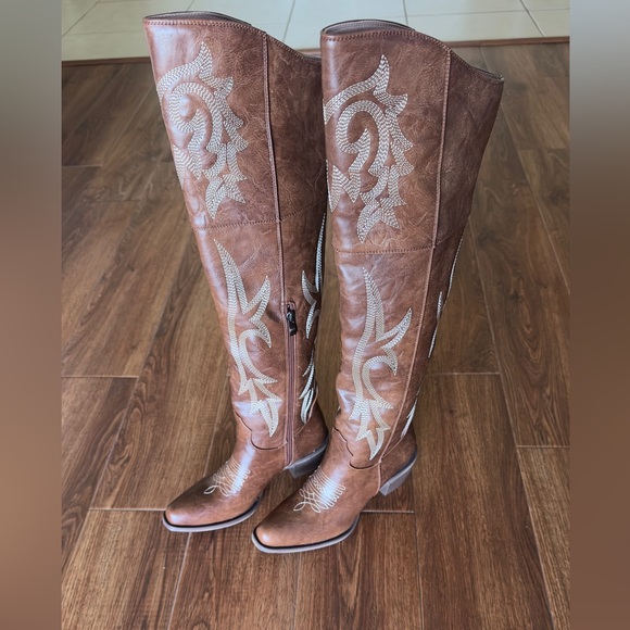 Shoes - Brown Embroidered Knee-High Western Boots for Women